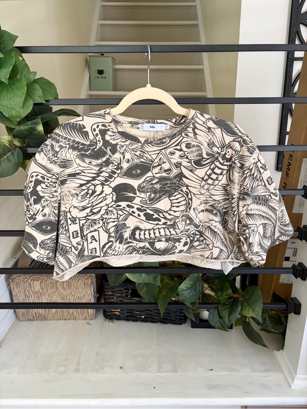 Adika Tattoo Print Cropped Sweatshirt Small Cream Black Snake Skull Graphic Goth